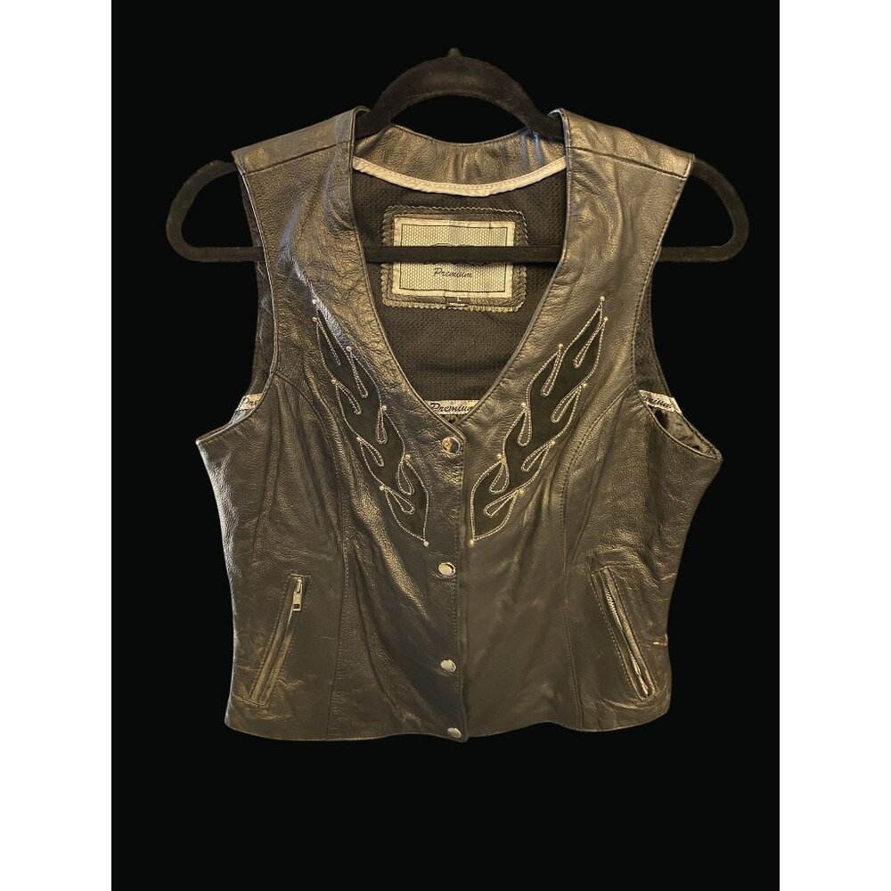 Unik Mens Black Leather Motorcycle Vest With Flame Embroidery Size Large CL01 V